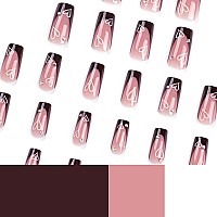 Sinsen Medium Square Press On Nails 24 Pcs Glossy Brown Pink French Tip Reusable Stick On Nails In 10 Sizes With Adhesive Gl