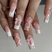 Sinsen Long Square Press On Nails 3D Flowers Fake Nails Glossy White French Tip Glue On Nails Reusable Stick On Nails In 12