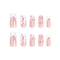 Sinsen Long Square Press On Nails 3D Flowers Fake Nails Glossy White French Tip Glue On Nails Reusable Stick On Nails In 12