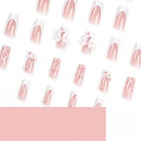 Sinsen Long Square Press On Nails 3D Flowers Fake Nails Glossy White French Tip Glue On Nails Reusable Stick On Nails In 12