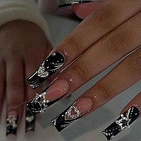 Foccna Press On Nails Long Rhinestone Pink Fake Nails Black Nails Square Bling Glossy 3D Flower False Nail Tips Artificial Nails