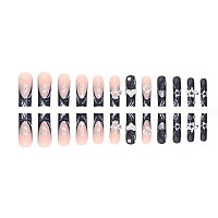 Foccna Press On Nails Long Rhinestone Pink Fake Nails Black Nails Square Bling Glossy 3D Flower False Nail Tips Artificial Nails