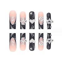 Foccna Press On Nails Long Rhinestone Pink Fake Nails Black Nails Square Bling Glossy 3D Flower False Nail Tips Artificial Nails