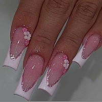 Foccna Press On Nails Long Rhinestone Pink Fake Nails Black Nails Square Bling Glossy 3D Flower False Nail Tips Artificial Nails