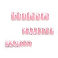 Foccna Press On Nails Long Rhinestone Pink Fake Nails Black Nails Square Bling Glossy 3D Flower False Nail Tips Artificial Nails