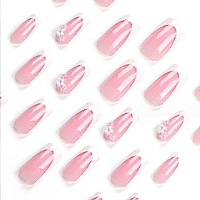 Foccna Press On Nails Long Rhinestone Pink Fake Nails Black Nails Square Bling Glossy 3D Flower False Nail Tips Artificial Nails