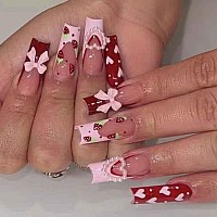 Foccna Press On Nails Long Rhinestone Pink Fake Nails Black Nails Square Bling Glossy 3D Flower False Nail Tips Artificial Nails