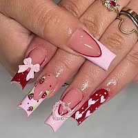 Foccna Press On Nails Long Rhinestone Pink Fake Nails Black Nails Square Bling Glossy 3D Flower False Nail Tips Artificial Nails