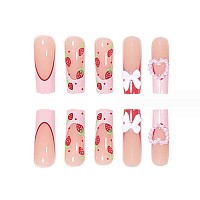 Foccna Press On Nails Long Rhinestone Pink Fake Nails Black Nails Square Bling Glossy 3D Flower False Nail Tips Artificial Nails