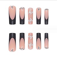 Foccna Press On Nails Long Rhinestone Pink Fake Nails Black Nails Square Bling Glossy 3D Flower False Nail Tips Artificial Nails