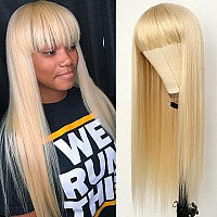 Aubree Blonde Hair Synthetic Wigs With Bangs Long Straight Hair Natural Looking 613 Color Wigs Heat Resistant Fiber Hair Glueles