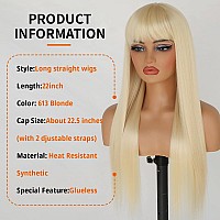 Aubree Blonde Hair Synthetic Wigs With Bangs Long Straight Hair Natural Looking 613 Color Wigs Heat Resistant Fiber Hair Glueles