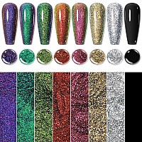 Mizhse Glitter Gel Nail Polish Set 8Pcs Green Pink Red Gold Holographic Chameleon Gel Polish Sequin Glossy Nail Polish Soak Off