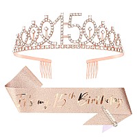 Cieher 15Th Birthday Crown 15Th Birthday Sash Pearl Pin Set 15Th Birthday Gifts For Girls Its My 15Th Birthday Decorations