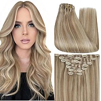 Full Shine Clip In Hair Extensions For Thick Hair Dirty Blonde Highlight Light Blonde Human Hair Clip In Extensions Double Weft