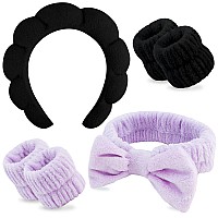 Chanaco Spa Wrist Bands For Washing Face Makeup Skincare 6Pcs Sponge Hair Accessories With Purple Bow Tie For Women Girls Gif