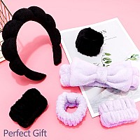 Chanaco Spa Wrist Bands For Washing Face Makeup Skincare 6Pcs Sponge Hair Accessories With Purple Bow Tie For Women Girls Gif