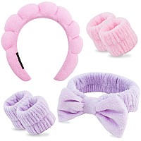 Chanaco Hairband 6Pcs Pink Purple Sponge Spa Headband And Wrist Bands For Women Girls Multipurpose For Washing Face Makeu