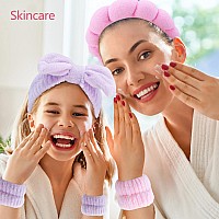 Chanaco Hairband 6Pcs Pink Purple Sponge Spa Headband And Wrist Bands For Women Girls Multipurpose For Washing Face Makeu