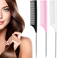 3 Packs Rat Tail Comb Steel Pin Rat Tail Carbon Fiber Heat Resistant Teasing Combs With Stainless Steel Pintail Black Pink Wh