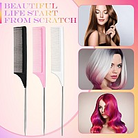 3 Packs Rat Tail Comb Steel Pin Rat Tail Carbon Fiber Heat Resistant Teasing Combs With Stainless Steel Pintail Black Pink Wh