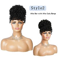 Cetiq Afro Puff Drawstring Ponytail For Black Women Pineapple Updo Hair Short Kinky Curly Ponytail Bun With 2 Replaceable Bangs