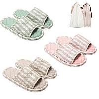 Biroris 3 Pairs Light Stripes Cotton House Slippers For Women Open Toe Indoor Slippers Comfortable Washable Portable Foldable G