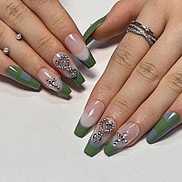 Mervf Long Press On Nails Coffin Fake Nails Green French Tip Ballerina Glue On Nails With 3D Heart Rhinestones Acrylic Nails Pre