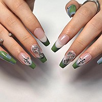 Mervf Long Press On Nails Coffin Fake Nails Green French Tip Ballerina Glue On Nails With 3D Heart Rhinestones Acrylic Nails Pre