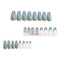 Mervf Long Press On Nails Coffin Fake Nails Green French Tip Ballerina Glue On Nails With 3D Heart Rhinestones Acrylic Nails Pre