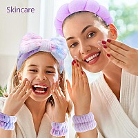 Chanaco Spa Makeup Headband With Sponge And Gradient Bow Tie Face Washing Skincare Wrist Bands For Teen Girls