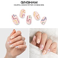 Adora Couture Semi Cured Gel Nail Strips 20Pcs Gel Nail Wraps Kit For Women Gingham Pattern With Beige Color Gel Wraps For N