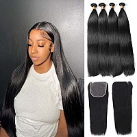 Mironica Straight Bundles With Closure Human Hair 14 16 18 20 12 4 Bundles Deals With 4X4 Lace Closure Free Part 12A Brazili