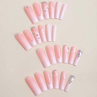 Yoyoee Long French Nails Tips Gradient False Nails Square Press On Nails Daisy Fake Nails For Women And Girls 24Pcs