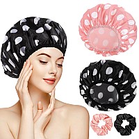 2 Sets Large Shower Caps For Women Waterproof Shower Cap Double Layers Bath Caps With Hair Scrunchies For Long Thick Hair