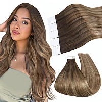 Ugeat Hair Tape In Extensions Human Hair Ombre Tape In Hair Extensions Real Human Hair Dark Brown To Golden Brown Mix Golden Blo