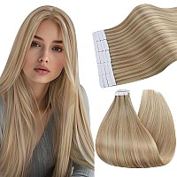 Ugeat Human Hair Tape In Extensions Blonde 12Inch Tape In Hair Extensions Human Hair Dark Ash Blonde Highlights Golden Blonde Do