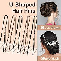 Tsmaddts Hair Pins For Women 24 Inch U Shaped Hair Pin 50Pcs Brown And 50Pcs Balck Ballet Bun Pin With Storage Box