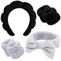 Chanaco Spa Wrist Bands For Washing Face Makeup Skincare Hair Accessories 6Pcs Sponge Headbands With Grey Bow Ties Gifts For