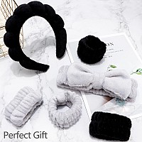 Chanaco Spa Wrist Bands For Washing Face Makeup Skincare Hair Accessories 6Pcs Sponge Headbands With Grey Bow Ties Gifts For