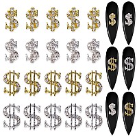 Silpecwee 20Pcs Alloy Money Dollar Nail Charms 3D Silvergold Dollar Sign Rhinestones Nail Art Charms Shiny Money Sign Nails Des