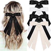 4Pcs Hair Bows Black Small Bow Hair Clips White Beige Tassel Ribbon Bowknot Hair Clips For Women Girls Solid Metal Bowknot Barr