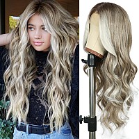 Sapphirewigs Long Brown Wavy Wig For Women Lace Front Wigs 134 Free Part Body Wavy Wig Grayish Brown With White Tips Natural L