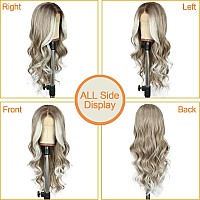 Sapphirewigs Long Brown Wavy Wig For Women Lace Front Wigs 134 Free Part Body Wavy Wig Grayish Brown With White Tips Natural L