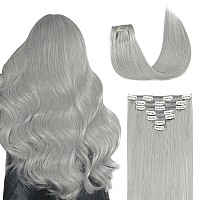 Befana Grey Clip In Hair Extensions18Inch 7Pcs 80G Clip In Hair Extensions Real Human Hair Straight Silky Grey Hair Extensions