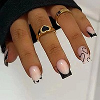 French Tip Press On Nails Short Square Fake Nails Black Acrylic Nails With White Heart Design Stick On Nails Artificial Full Cov