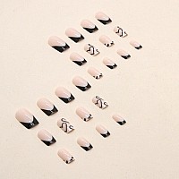 French Tip Press On Nails Short Square Fake Nails Black Acrylic Nails With White Heart Design Stick On Nails Artificial Full Cov