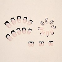 French Tip Press On Nails Short Square Fake Nails Black Acrylic Nails With White Heart Design Stick On Nails Artificial Full Cov