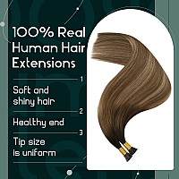 Ugeat Itip Human Hair Extensions Brown To Golden Brown Mix Dark Ash Blonde Ombre I Tip Hair Extensions Real Human Hair For Short