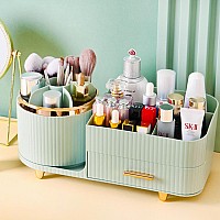 Rotating Makeup Organizer For Vanity With Brush Holder And Drawer Cosmetic Makeup Storage Large Spinning Makeup Skincare Organ